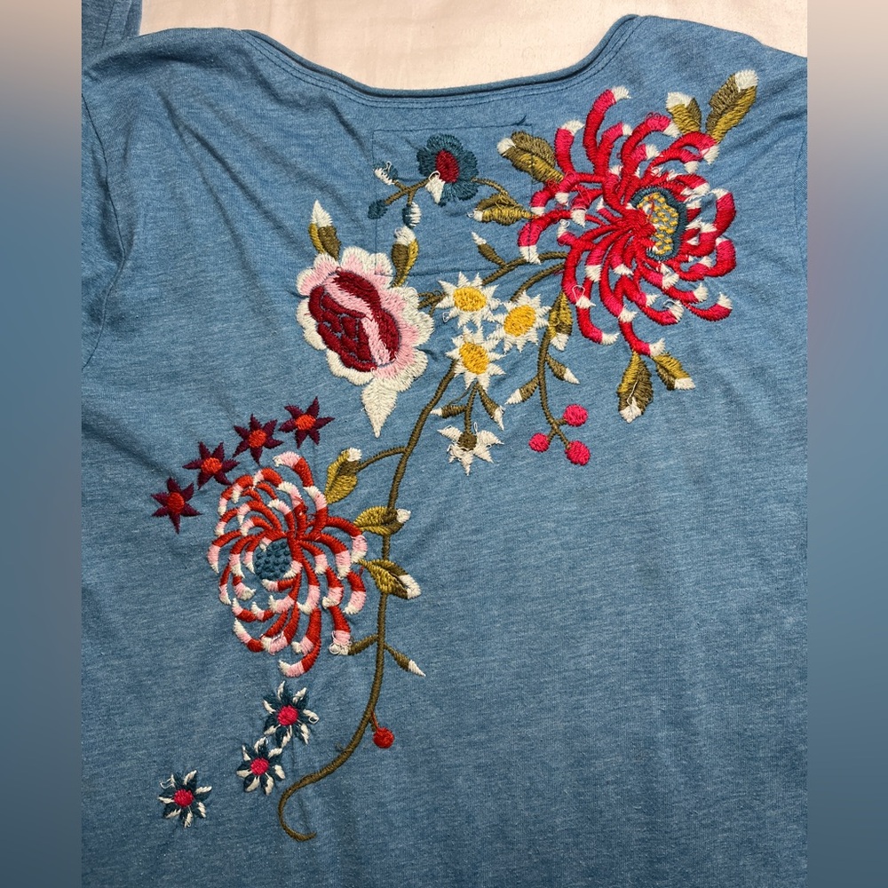 Embroidered Bird Floral Long Sleeve Tee - Blue - Picture 7 of 10